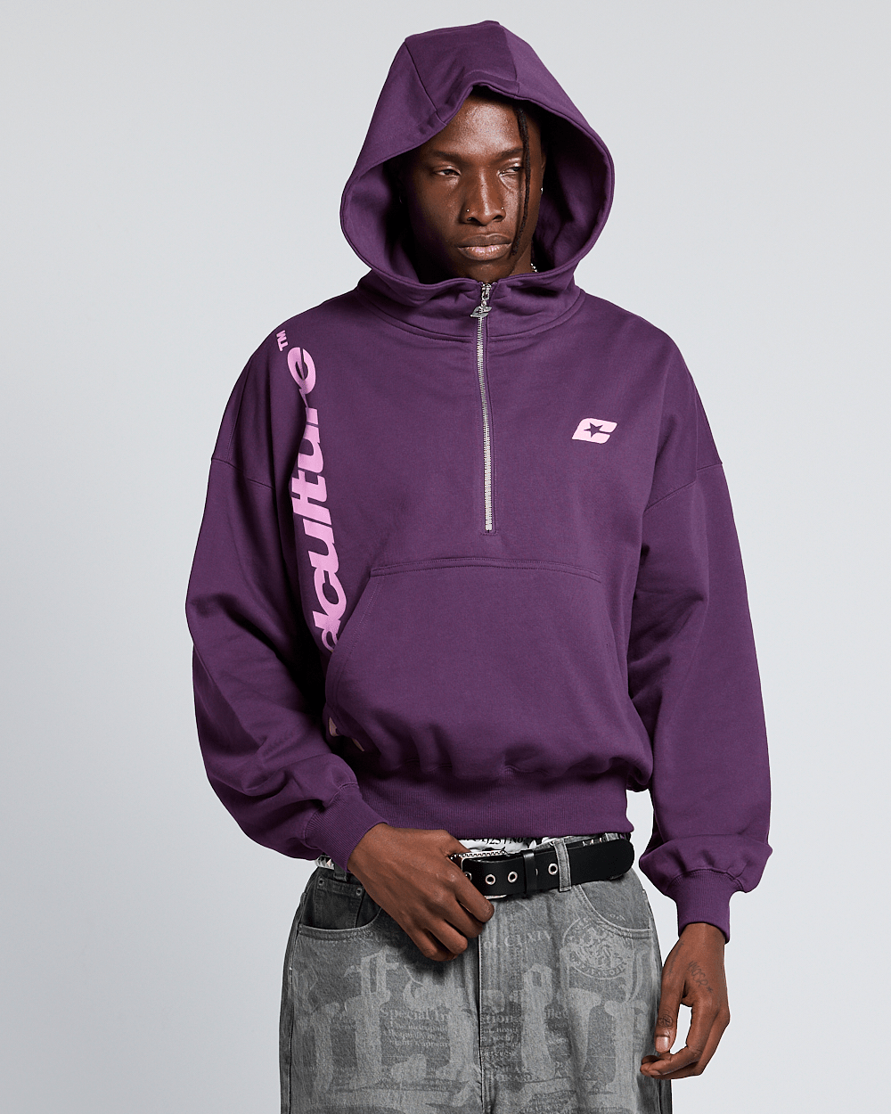 FADED AGE BUZO PURPLE - purple half-zip hoodie, front view on male model - Cold Culture #man