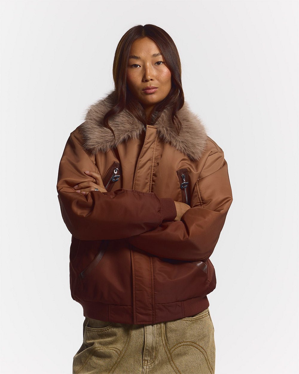 FADED BOMBER BROWN - brown faded bomber jacket, front view on female model - Cold Culture #woman