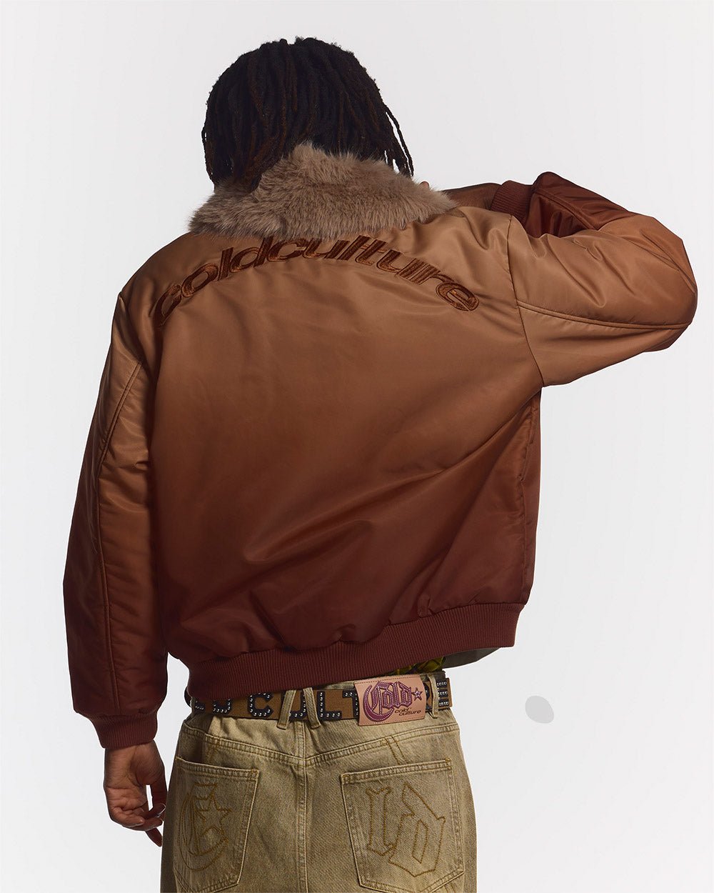 FADED BOMBER BROWN - brown faded bomber jacket, back view on male model - Cold Culture #man