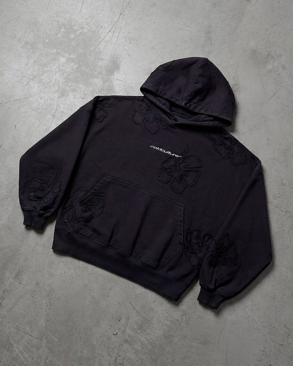 FAKE LOVE HOODIE BLACK - black floral applique hoodie, flat lay - Cold Culture