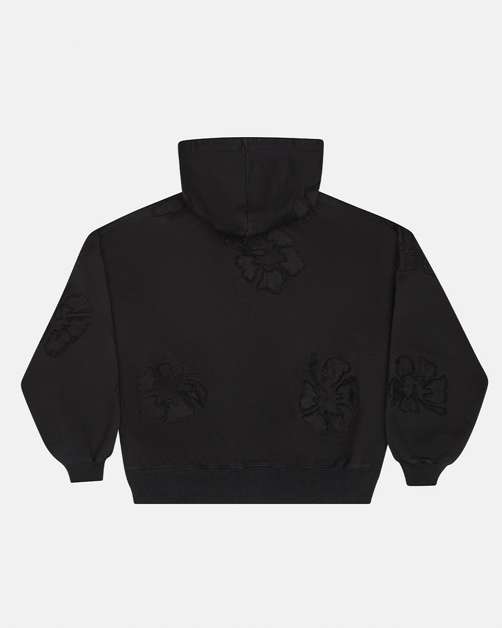 FAKE LOVE HOODIE BLACK - black floral applique hoodie, back view - Cold Culture #packshot