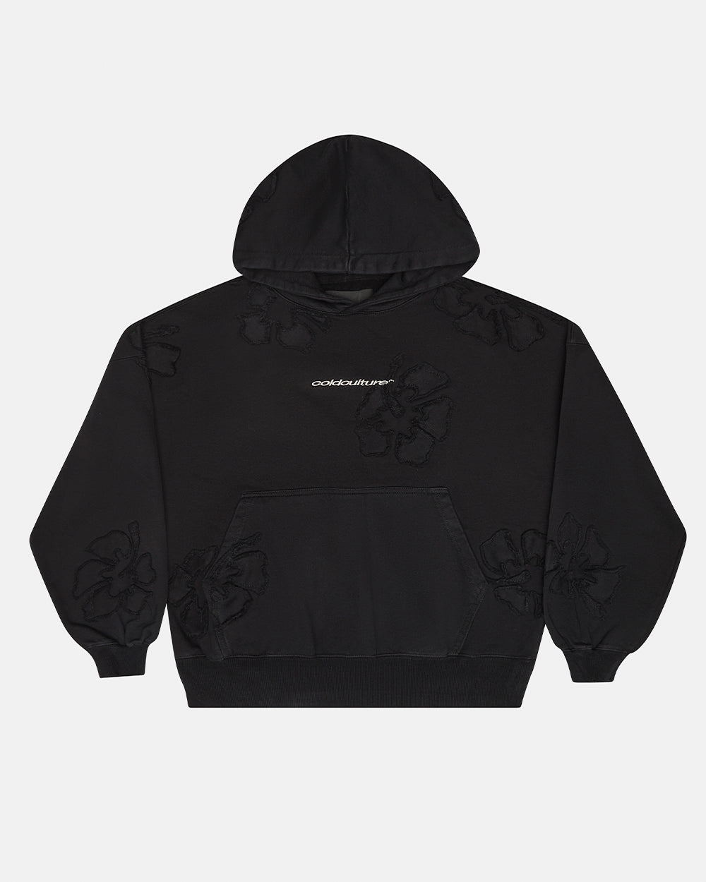 FAKE LOVE HOODIE BLACK - black floral applique hoodie, front view - Cold Culture #packshot