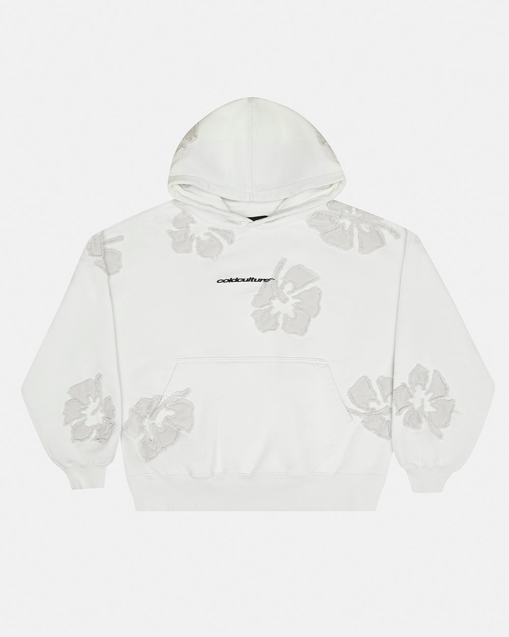 FAKE LOVE HOODIE GREY - light grey floral applique hoodie, front view - Cold Culture #packshot