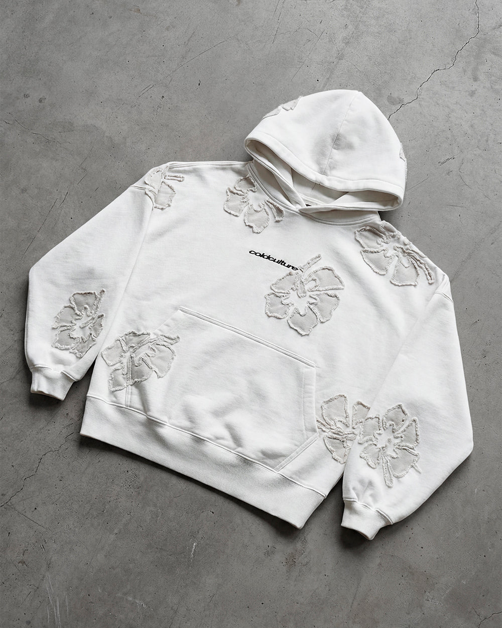 FAKE LOVE HOODIE GREY - light grey floral applique hoodie, flat lay - Cold Culture