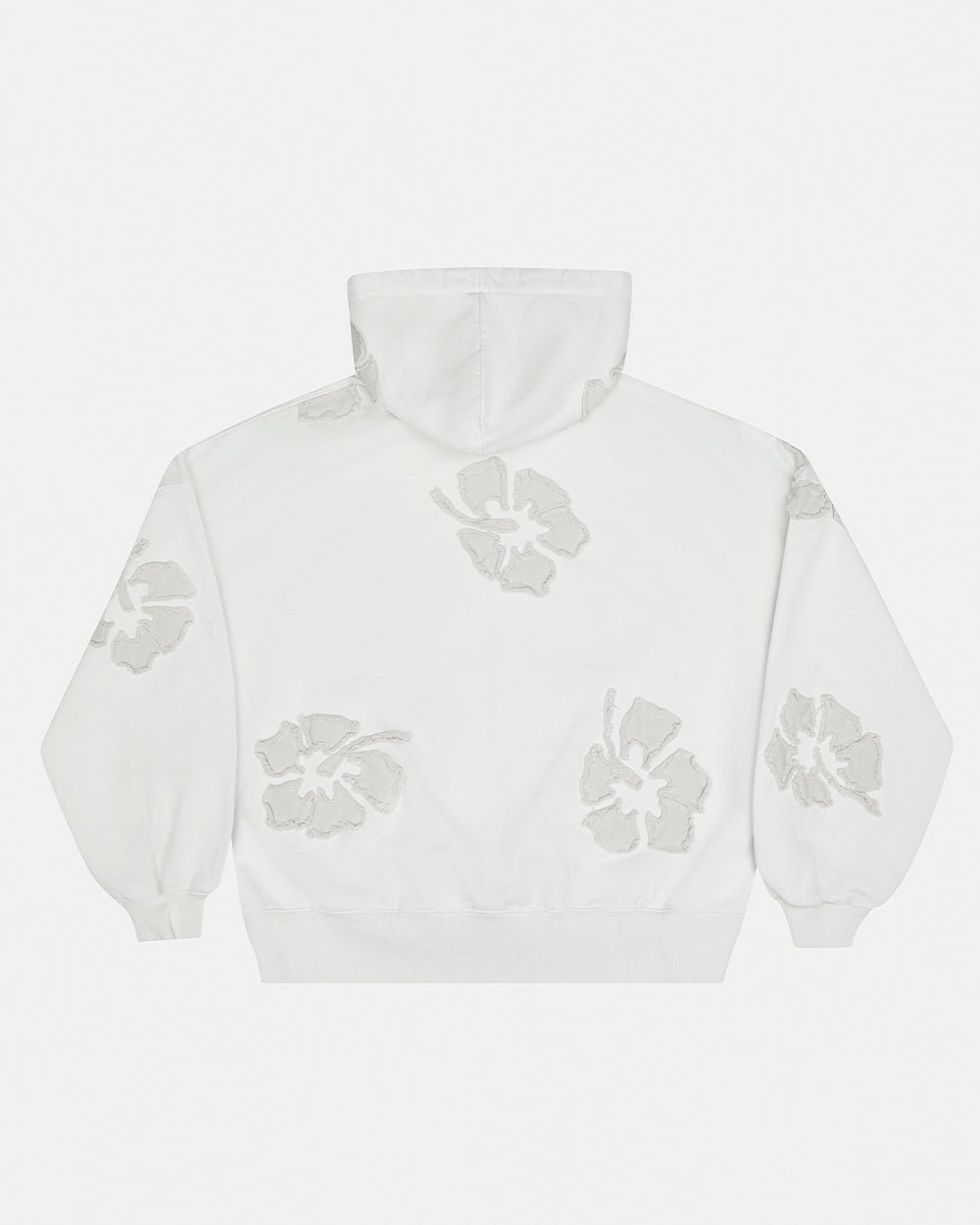 FAKE LOVE HOODIE GREY - light grey floral applique hoodie, back view - Cold Culture #packshot