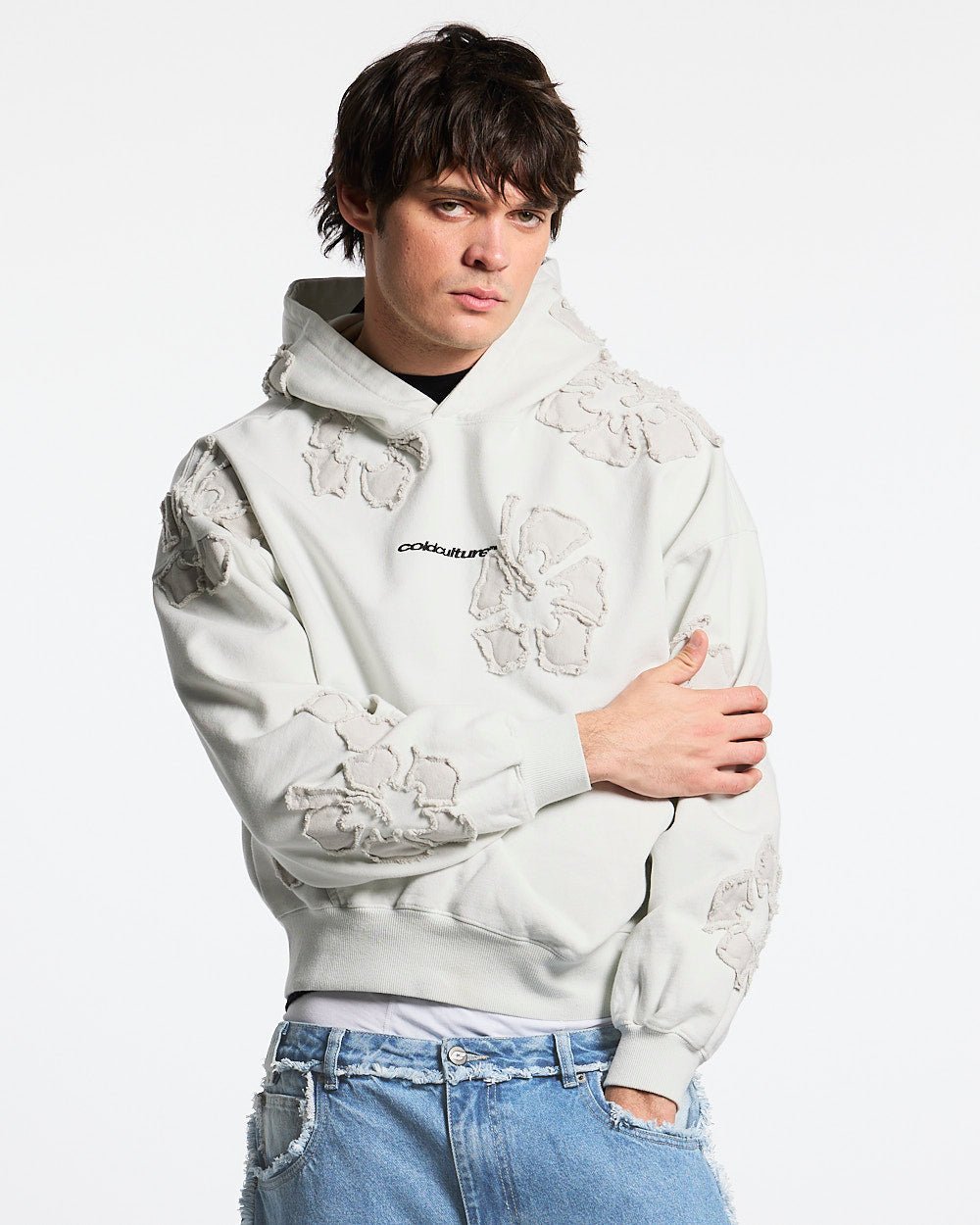 FAKE LOVE HOODIE GREY - light grey floral applique hoodie, front view on male model - Cold Culture #man