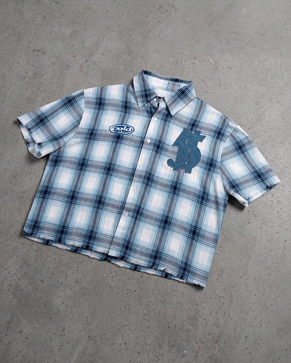 FARM SHIRT WHITE - blue plaid short sleeve shirt, flat lay - Cold Culture