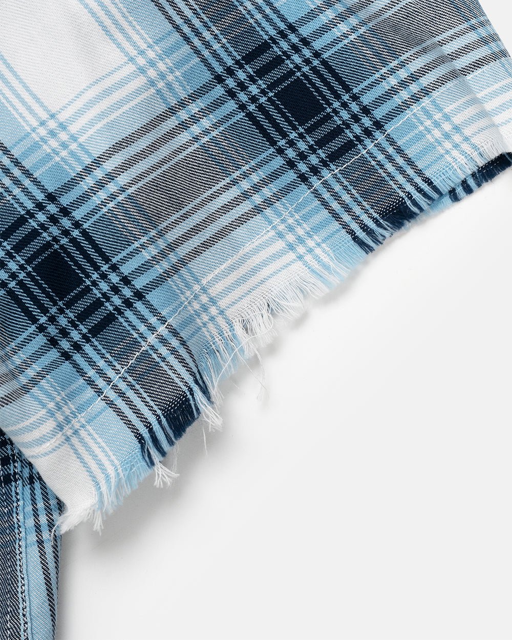 FARM SHIRT WHITE - blue plaid short sleeve shirt, detail close-up - Cold Culture