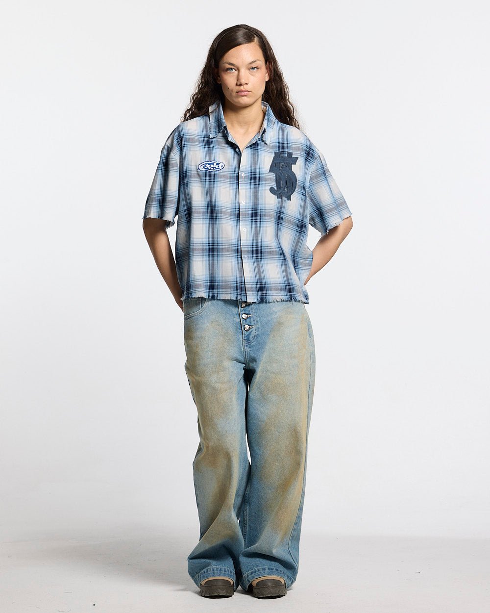 FARM SHIRT WHITE - blue plaid short sleeve shirt, front view on female model - Cold Culture #woman