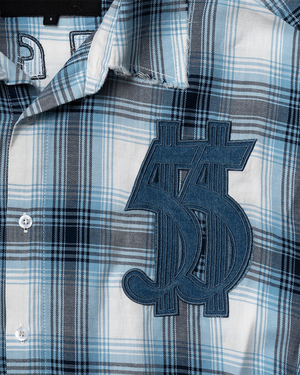 FARM SHIRT WHITE - blue plaid short sleeve shirt, detail close-up - Cold Culture