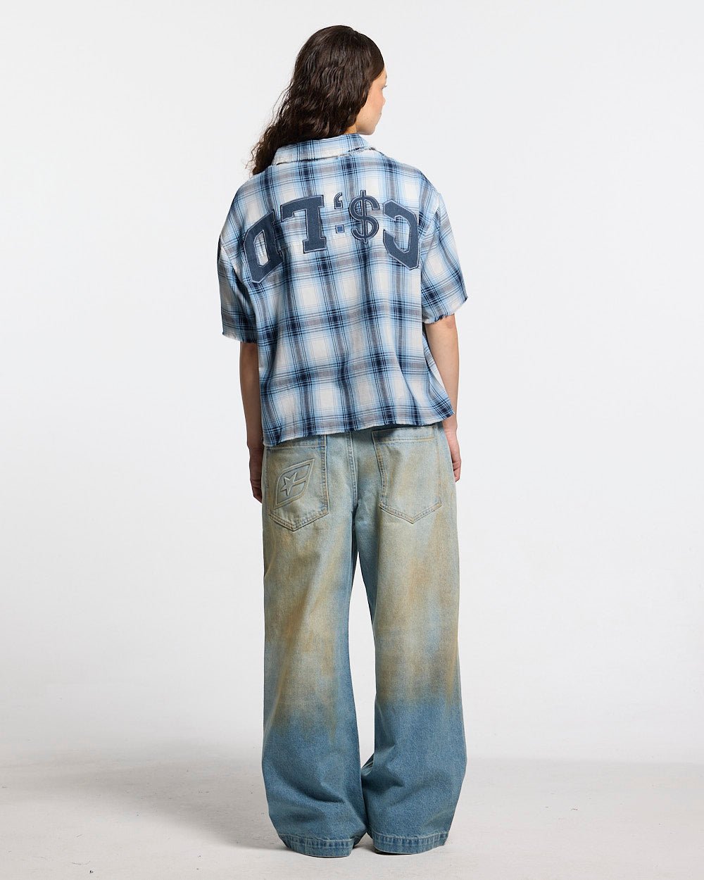 FARM SHIRT WHITE - blue plaid short sleeve shirt, back view on female model - Cold Culture #woman