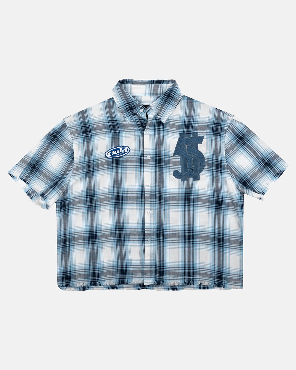 FARM SHIRT WHITE - blue plaid short sleeve shirt, front view - Cold Culture #packshot