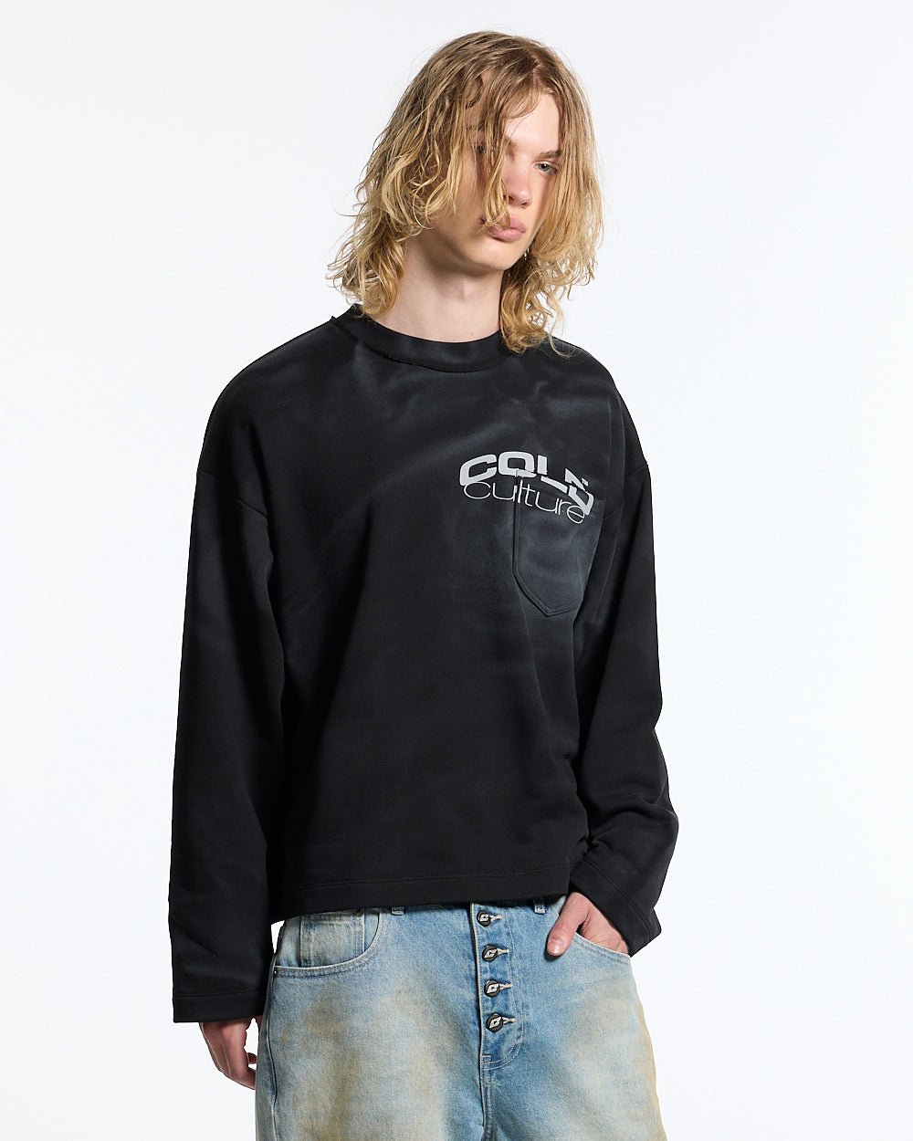 FARMER BLUES LONGSLEEVE BLACK - washed black longsleeve tee, front view on male model - Cold Culture #man