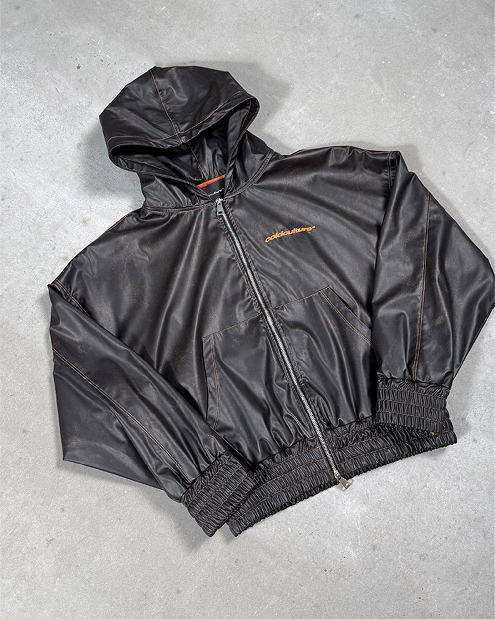 FAUX LEATHER ZIP HOODIE BROWN - brown faux leather hooded jacket, flat lay - Cold Culture