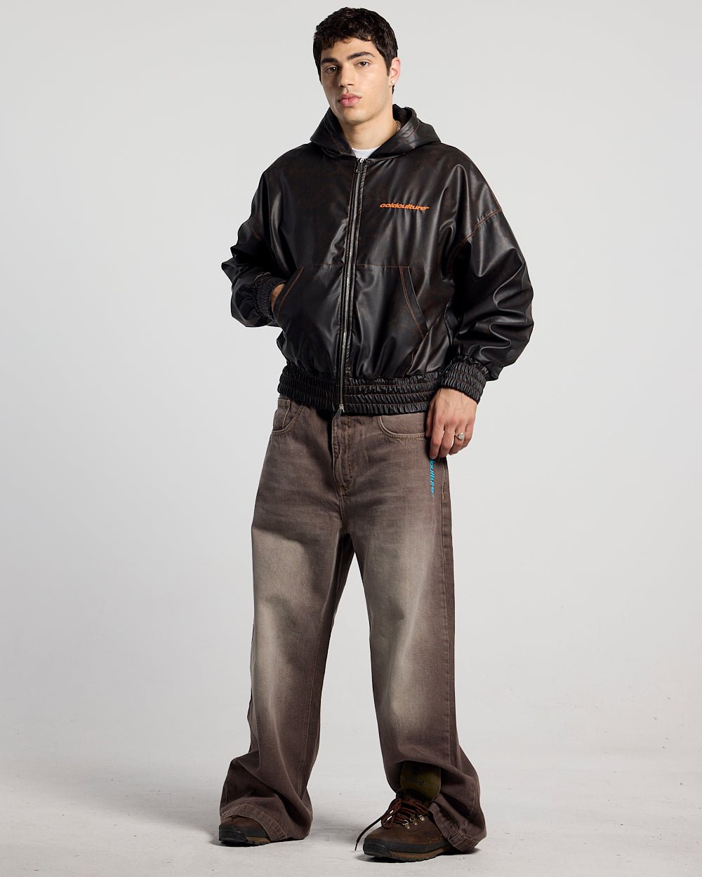 FAUX LEATHER ZIP HOODIE BROWN - brown faux leather hooded jacket, front view on male model - Cold Culture #man