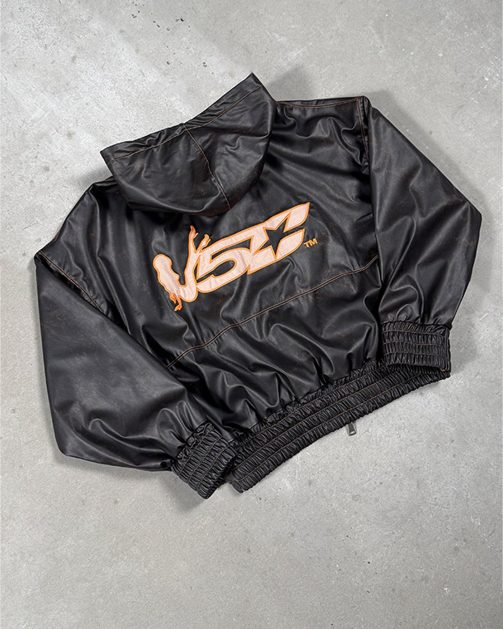 FAUX LEATHER ZIP HOODIE BROWN - brown faux leather hooded jacket, flat lay - Cold Culture