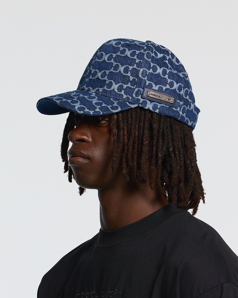 FEVER CAP BLUE - blue monogram cap, on model close-up - Cold Culture #man