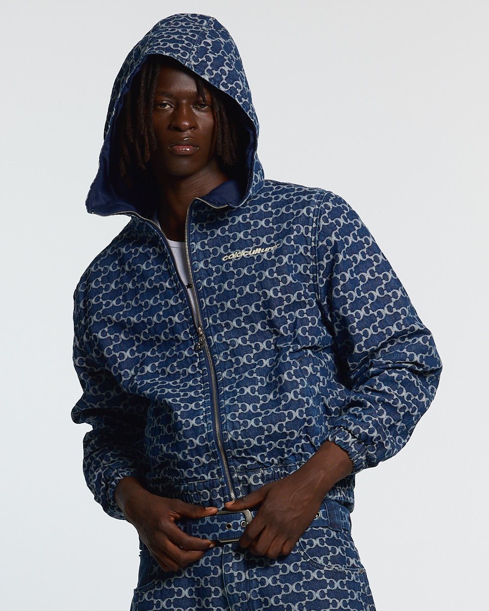 FEVER JACKET BLUE - blue monogram hooded jacket, front view on male model - Cold Culture #man