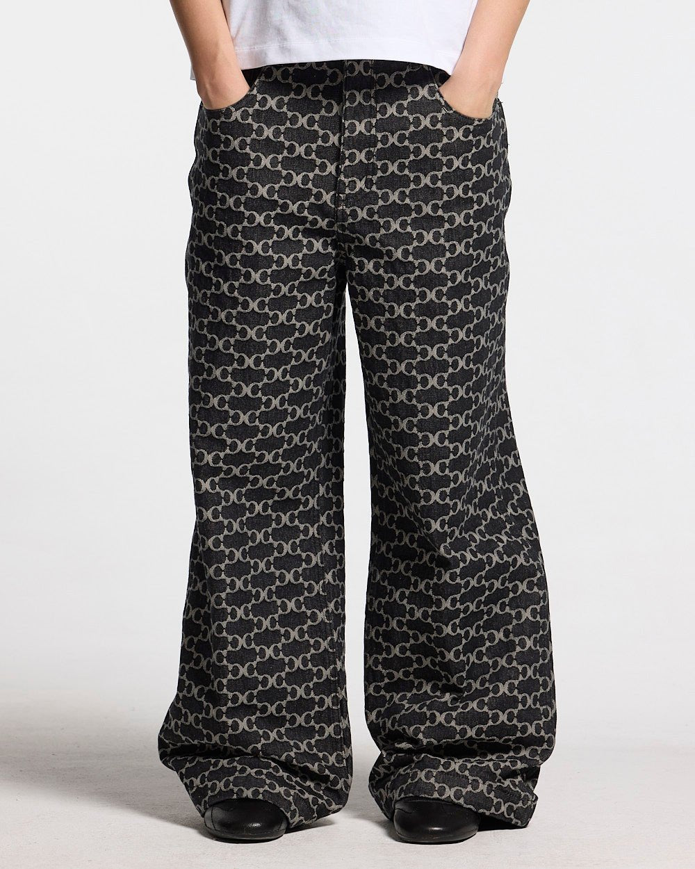 FEVER PANTS V3 BLACK - black monogram denim pants, front view on female model - Cold Culture #woman