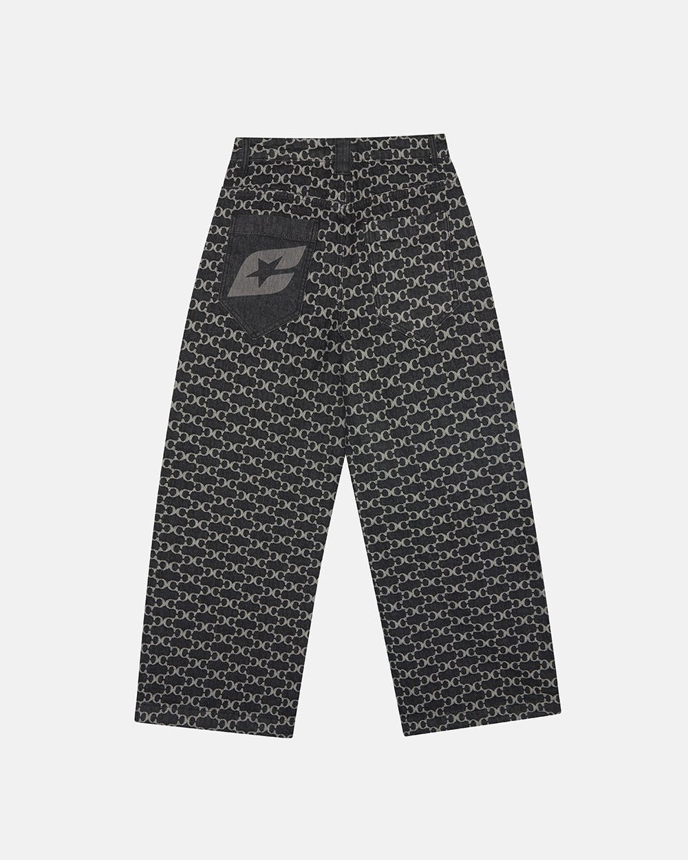 FEVER PANTS V3 BLACK - black monogram denim pants, back view - Cold Culture #packshot