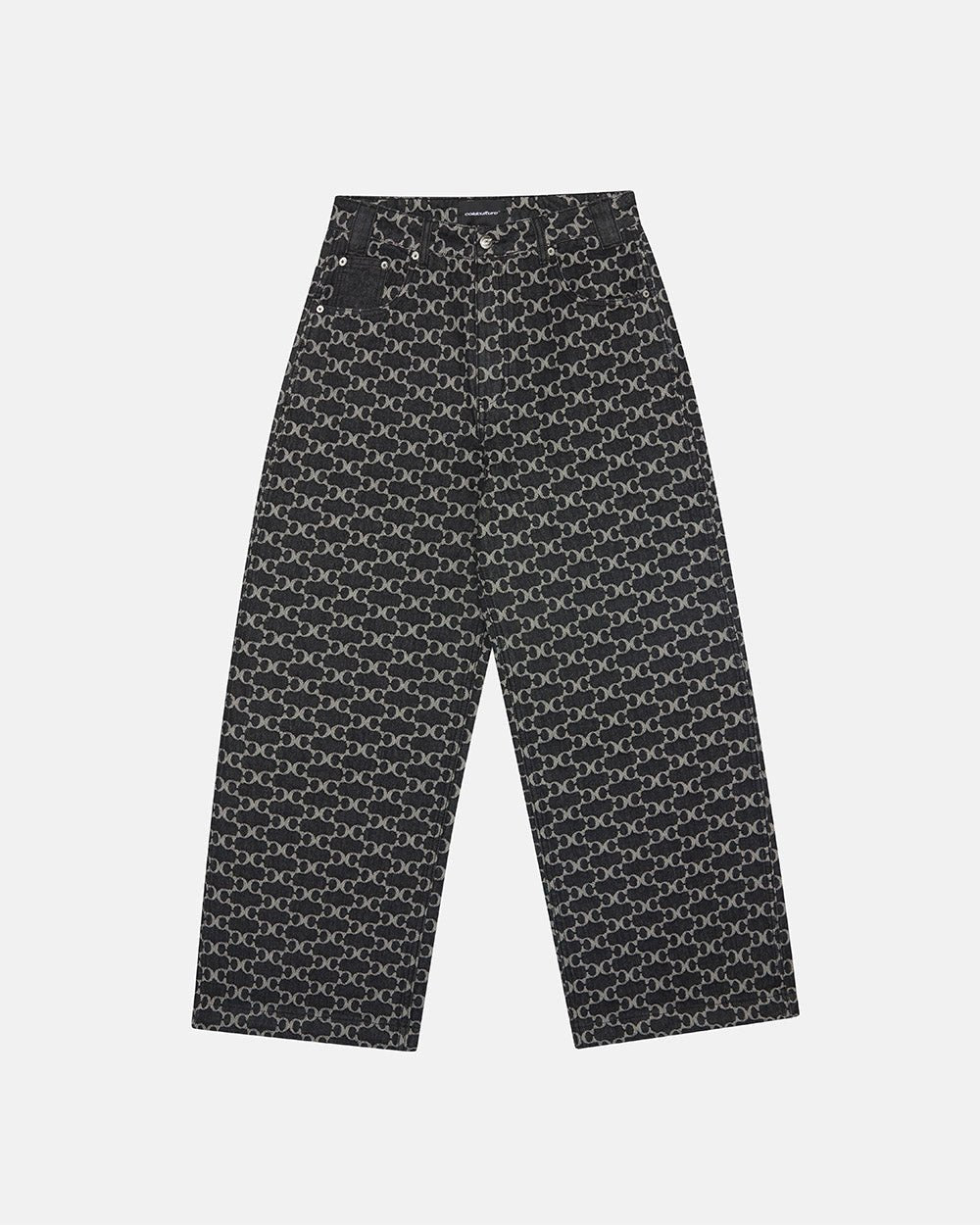 FEVER PANTS V3 BLACK - black monogram denim pants, front view - Cold Culture #packshot