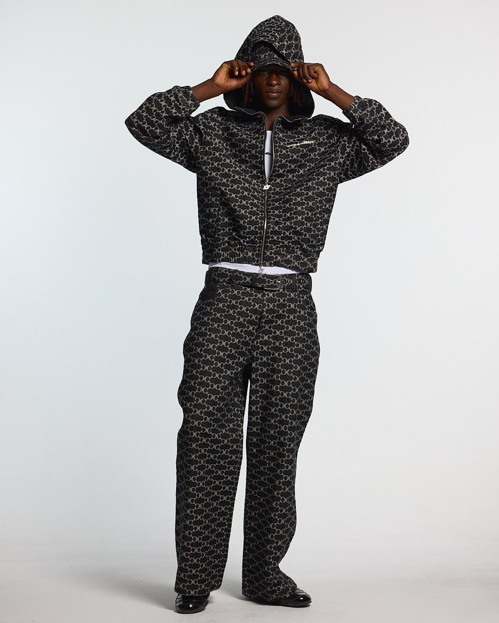 FEVER PANTS V3 BLACK - black monogram denim pants, front view on male model - Cold Culture #man