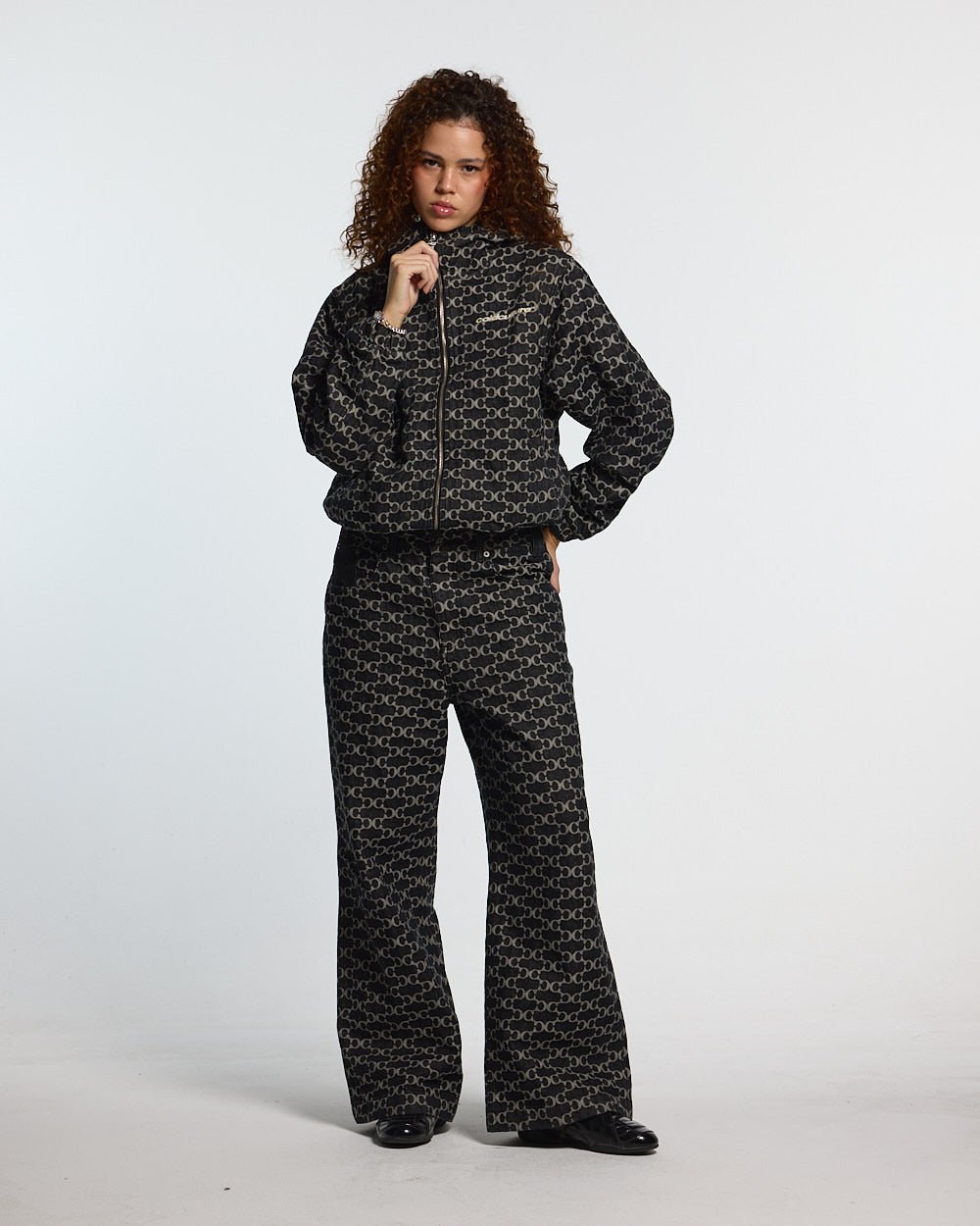 FEVER PANTS V3 BLACK - black monogram denim pants, front view on female model - Cold Culture #woman