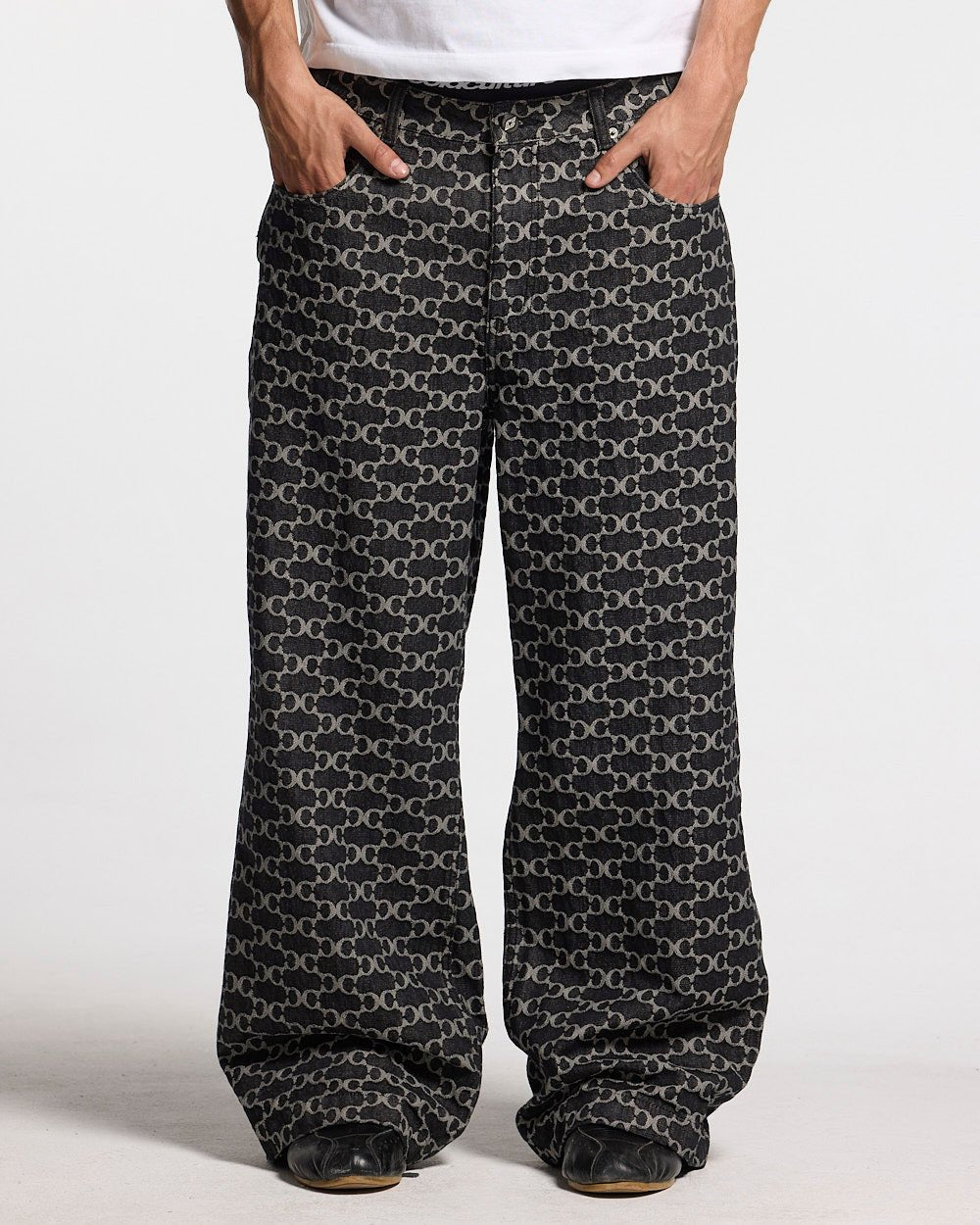 FEVER PANTS V3 BLACK - black monogram denim pants, front view on male model - Cold Culture