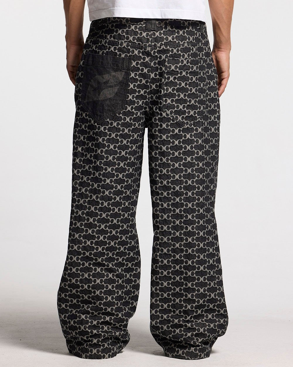 FEVER PANTS V3 BLACK - black monogram denim pants, back view on male model - Cold Culture