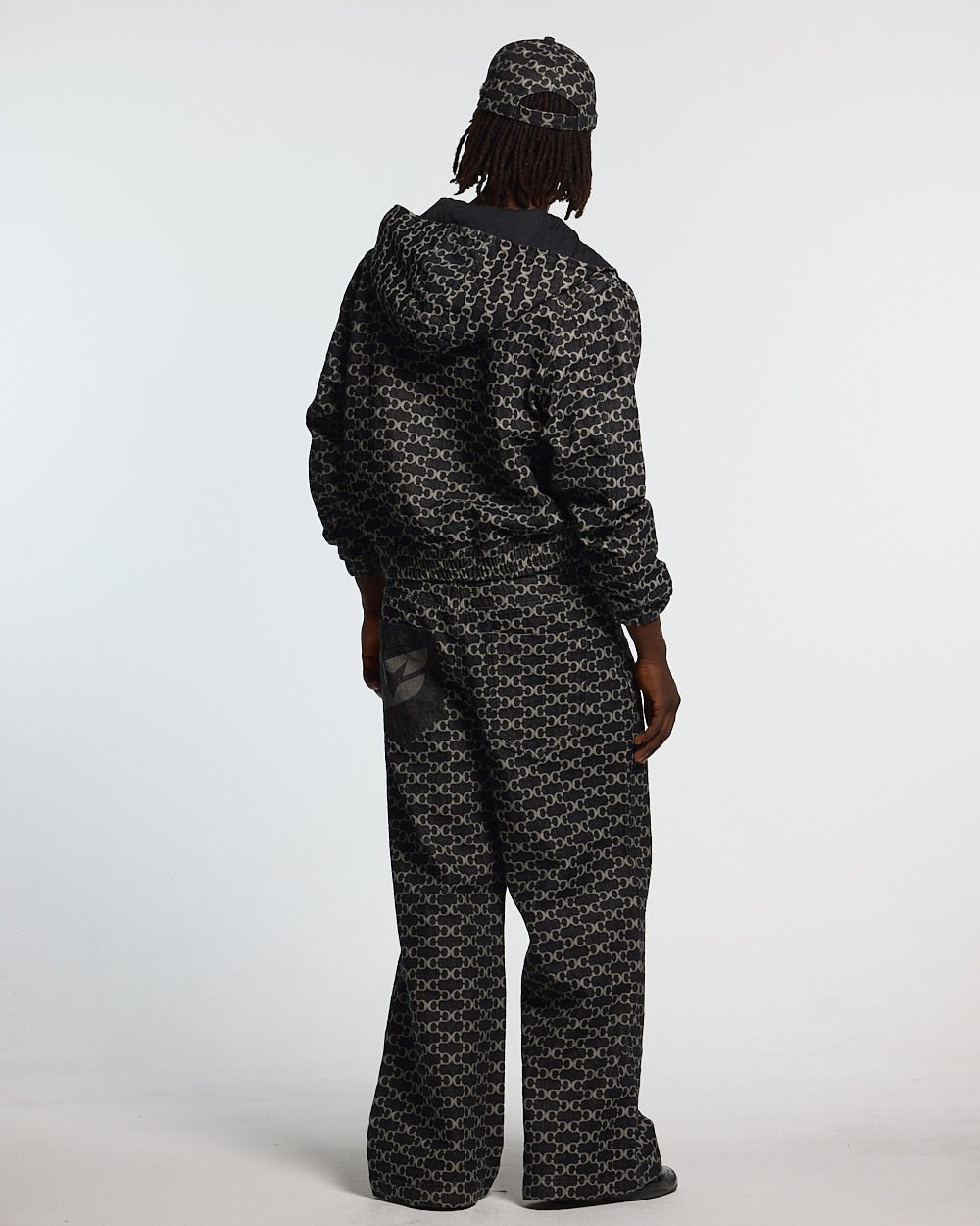 FEVER PANTS V3 BLACK - black monogram denim pants, back view on male model - Cold Culture