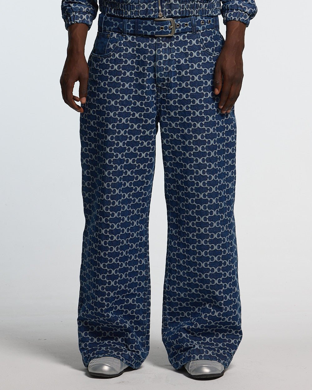 FEVER PANTS V3 BLUE - blue monogram denim pants, front view on male model - Cold Culture