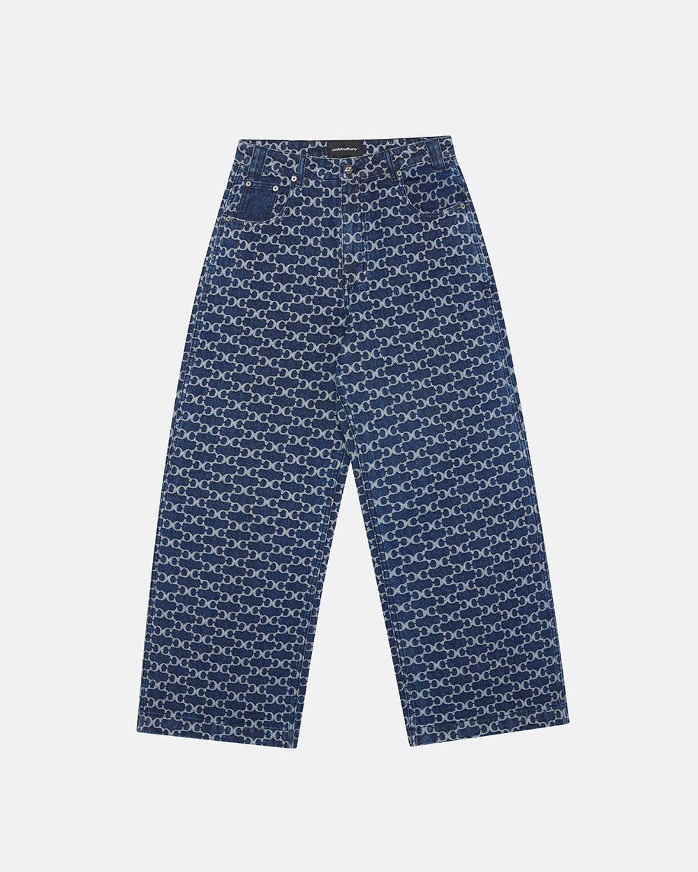 FEVER PANTS V3 BLUE - blue monogram denim pants, front view - Cold Culture #packshot