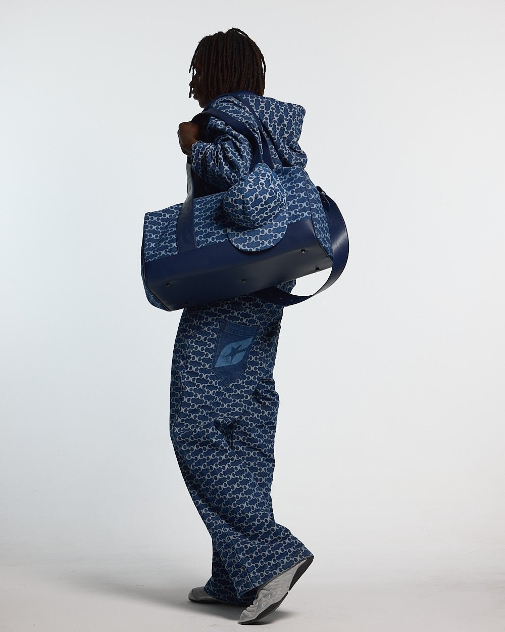 FEVER PANTS V3 BLUE - blue monogram denim pants, back view on male model - Cold Culture