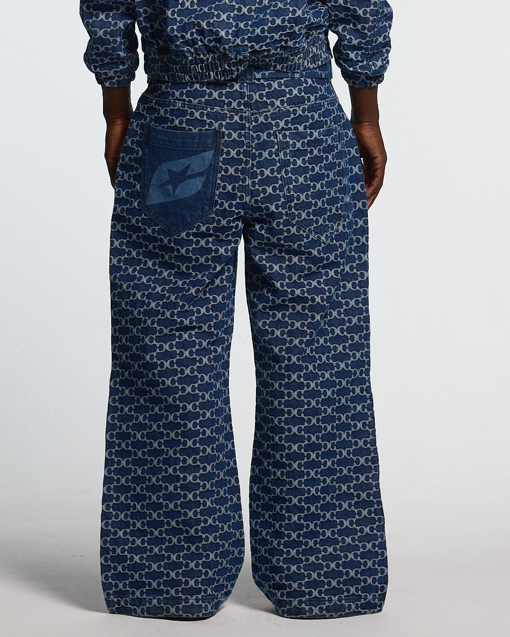 FEVER PANTS V3 BLUE - blue monogram denim pants, back view on male model - Cold Culture