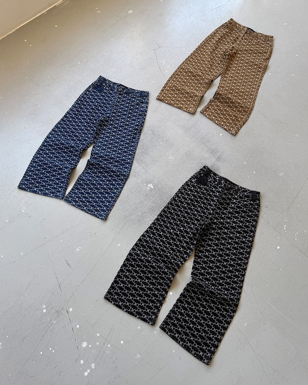 FEVER PANTS V3 BLUE - blue monogram denim pants, flat lay with matching pieces - Cold Culture