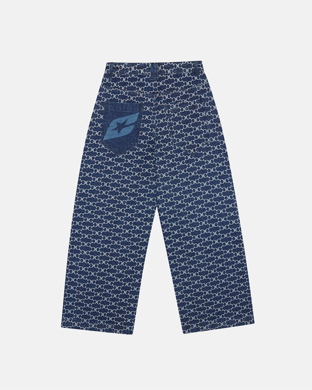 FEVER PANTS V3 BLUE - blue monogram denim pants, back view - Cold Culture #packshot