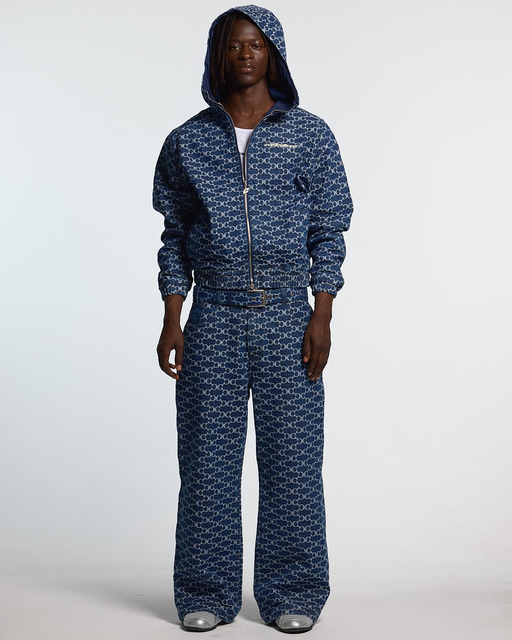 FEVER PANTS V3 BLUE - blue monogram denim pants, front view on male model - Cold Culture #man