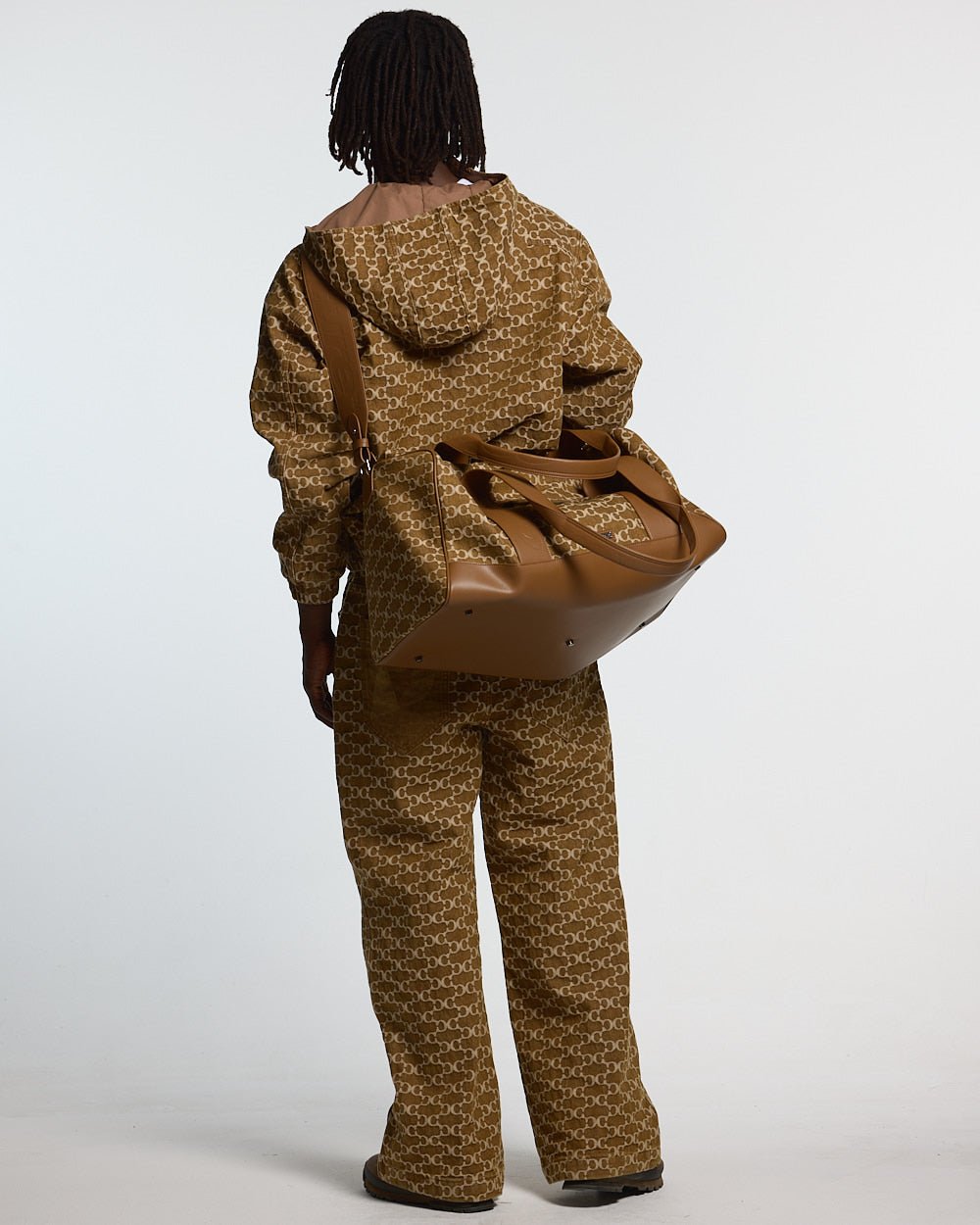 FEVER PANTS V3 BROWN - brown monogram denim pants, back view on male model - Cold Culture
