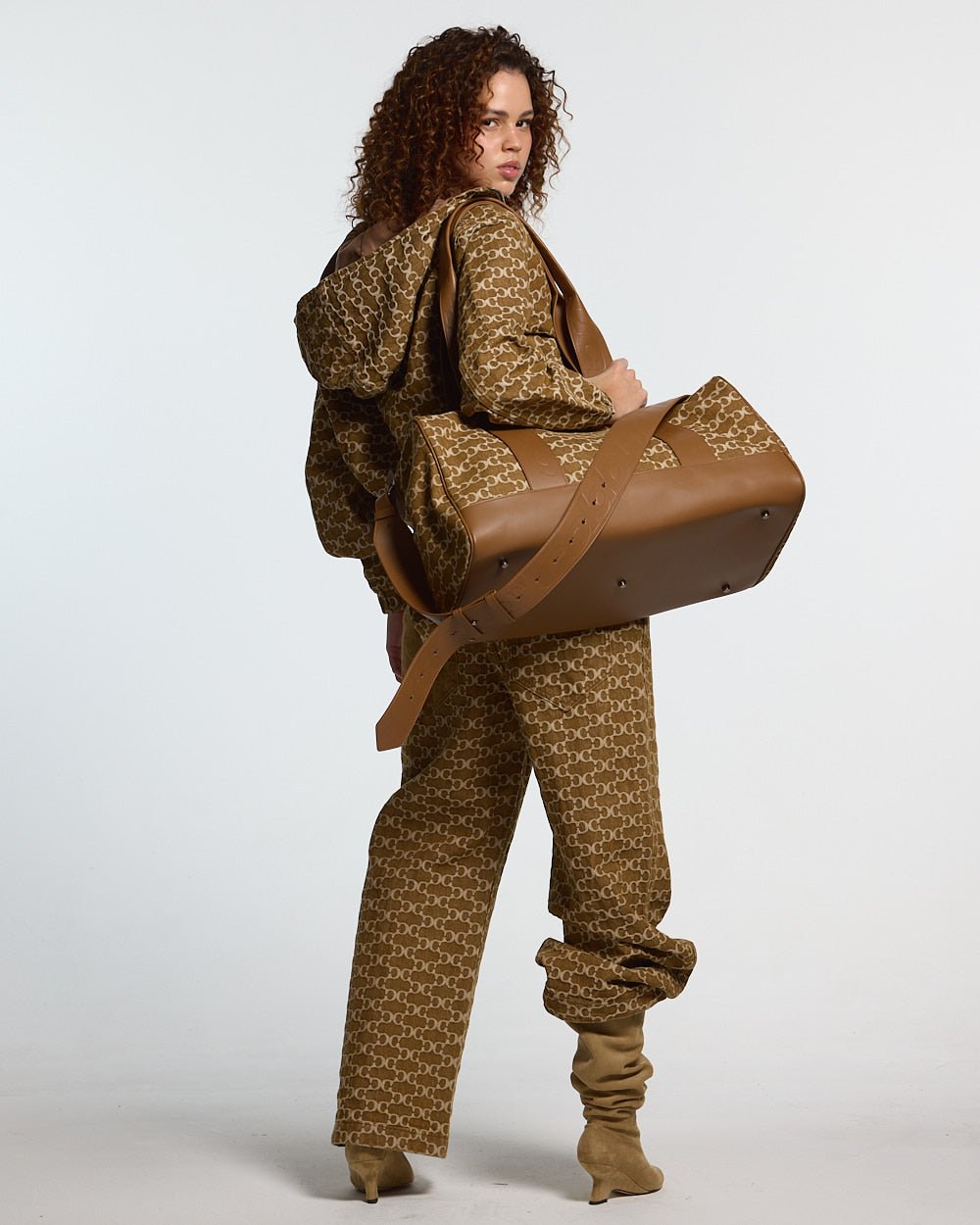 FEVER PANTS V3 BROWN - brown monogram denim pants, back view on female model - Cold Culture #woman