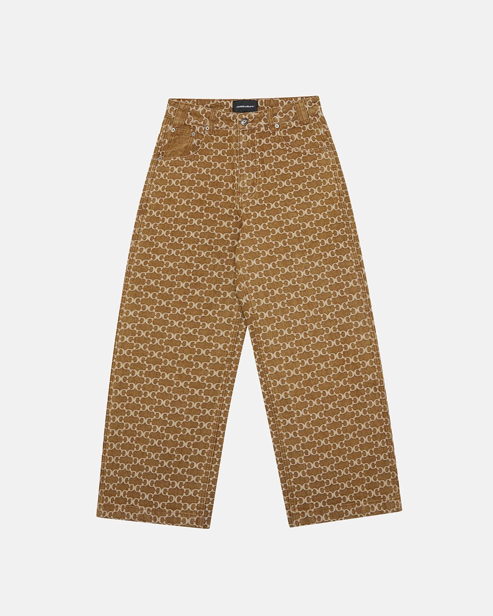 FEVER PANTS V3 BROWN - brown monogram denim pants, front view - Cold Culture #packshot
