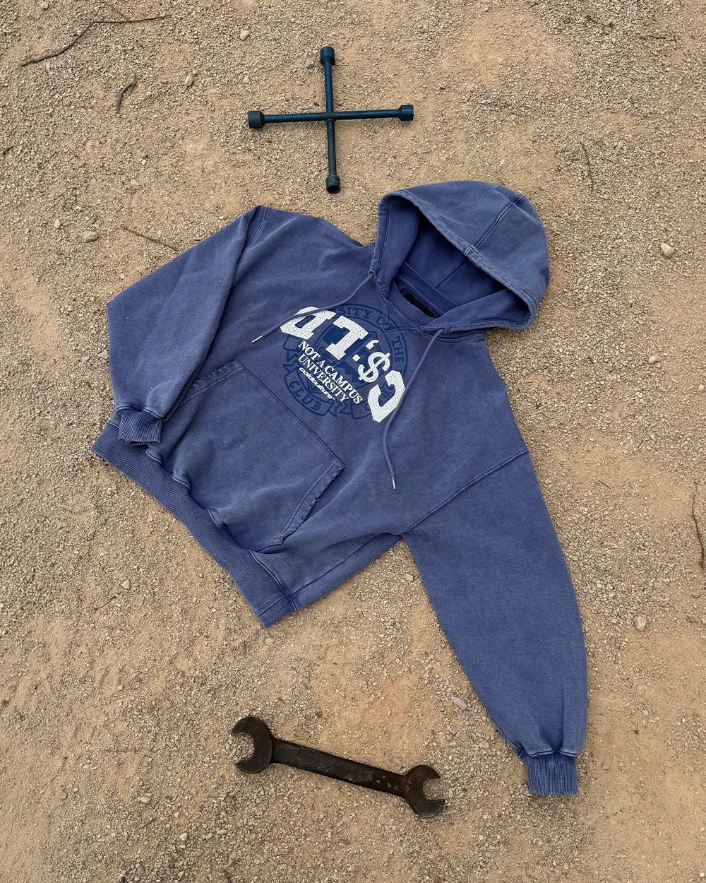 FIFTY - FIVE REASON HOODIE BLUE - washed blue graphic print hoodie, flat lay - Cold Culture