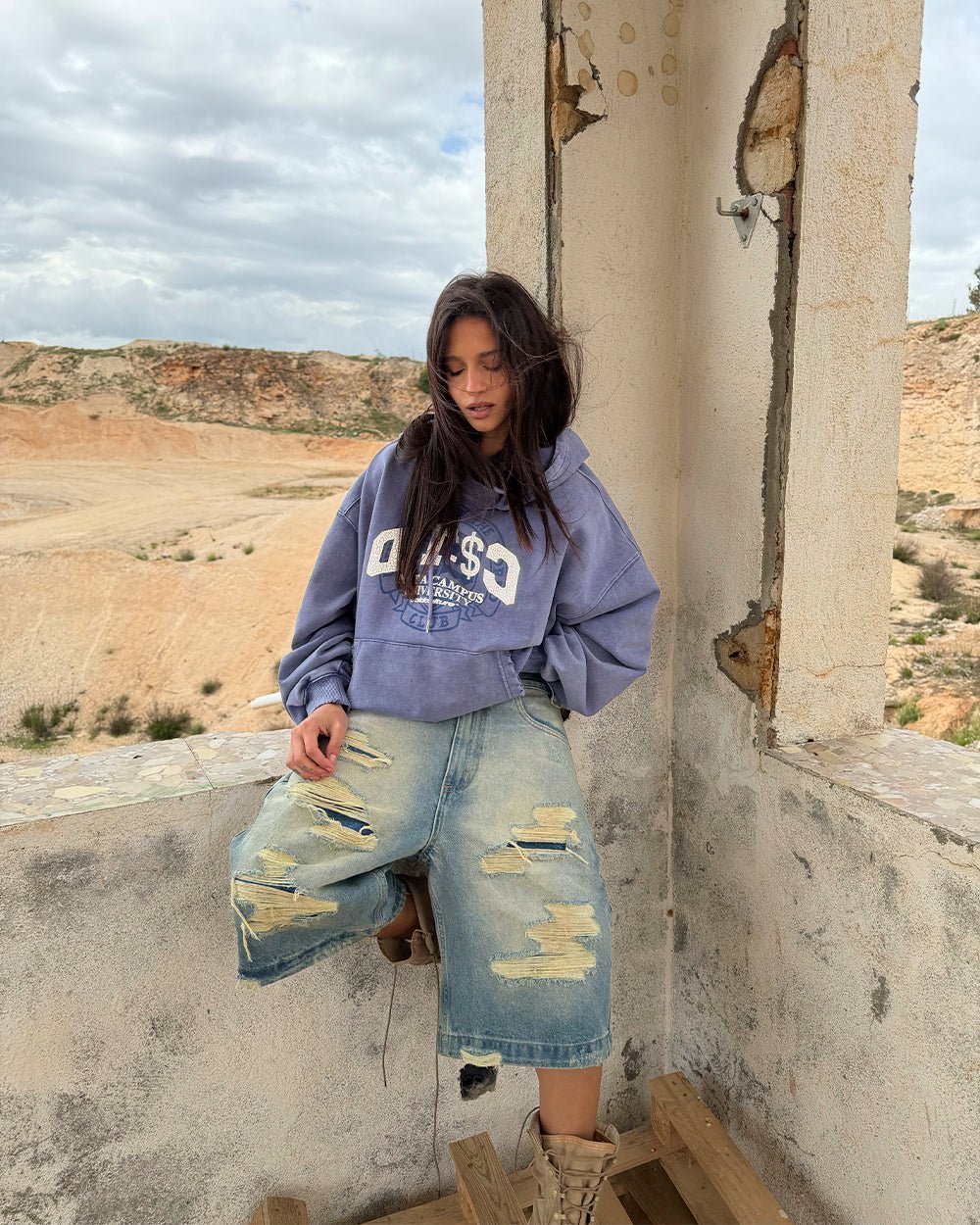 FIFTY - FIVE REASON HOODIE BLUE - washed blue graphic print hoodie, street style shot - Cold Culture #woman