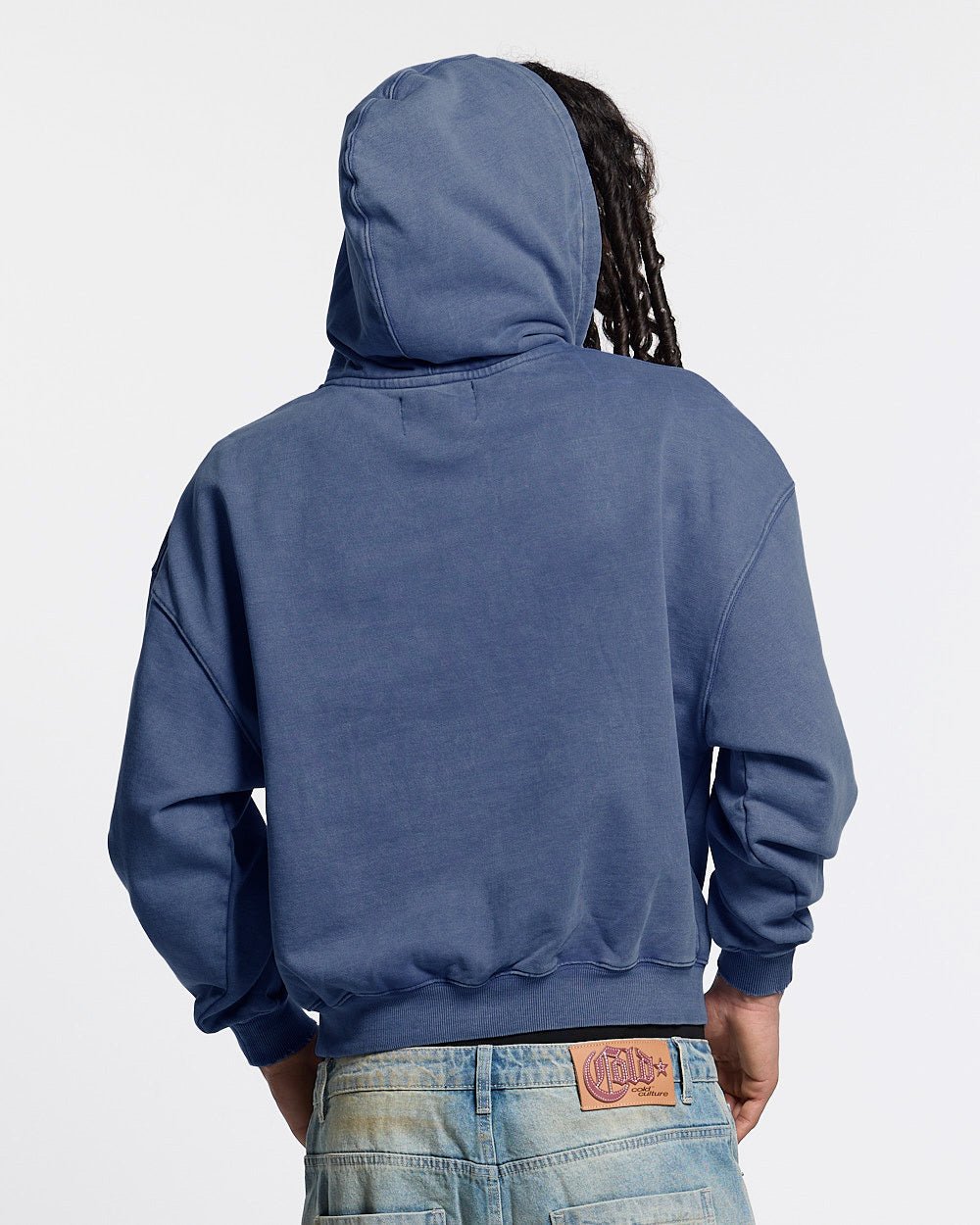 FIFTY - FIVE REASON HOODIE BLUE - washed blue graphic print hoodie, back view on male model - Cold Culture