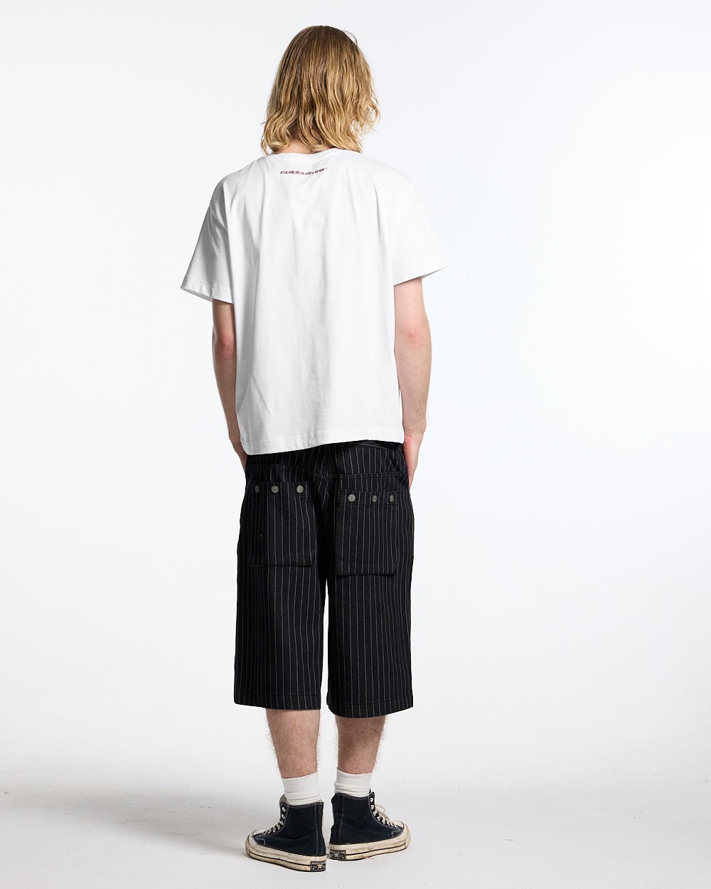 FIVE STARS TEE WHITE - white graphic print tee, back view on male model - Cold Culture #man