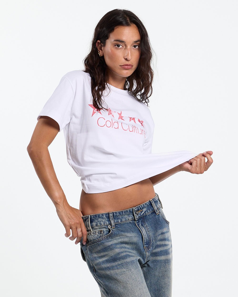 FIVE STARS TEE WHITE - white graphic print tee, front view on female model - Cold Culture #woman