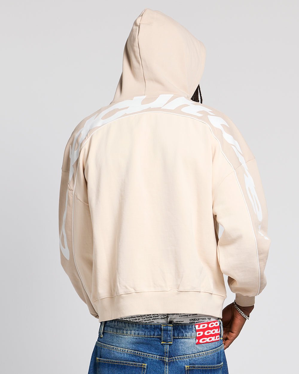 FLESH ZIP HOODIE BEIGE - beige zip-up hoodie, front view on male model - Cold Culture