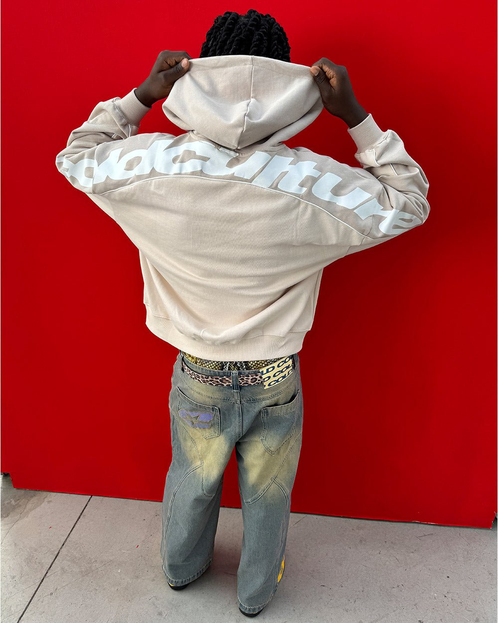 FLESH ZIP HOODIE BEIGE - beige zip-up hoodie, street style shot - Cold Culture