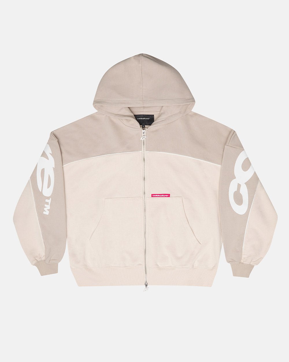 FLESH ZIP HOODIE BEIGE - beige zip-up hoodie, front view - Cold Culture #packshot
