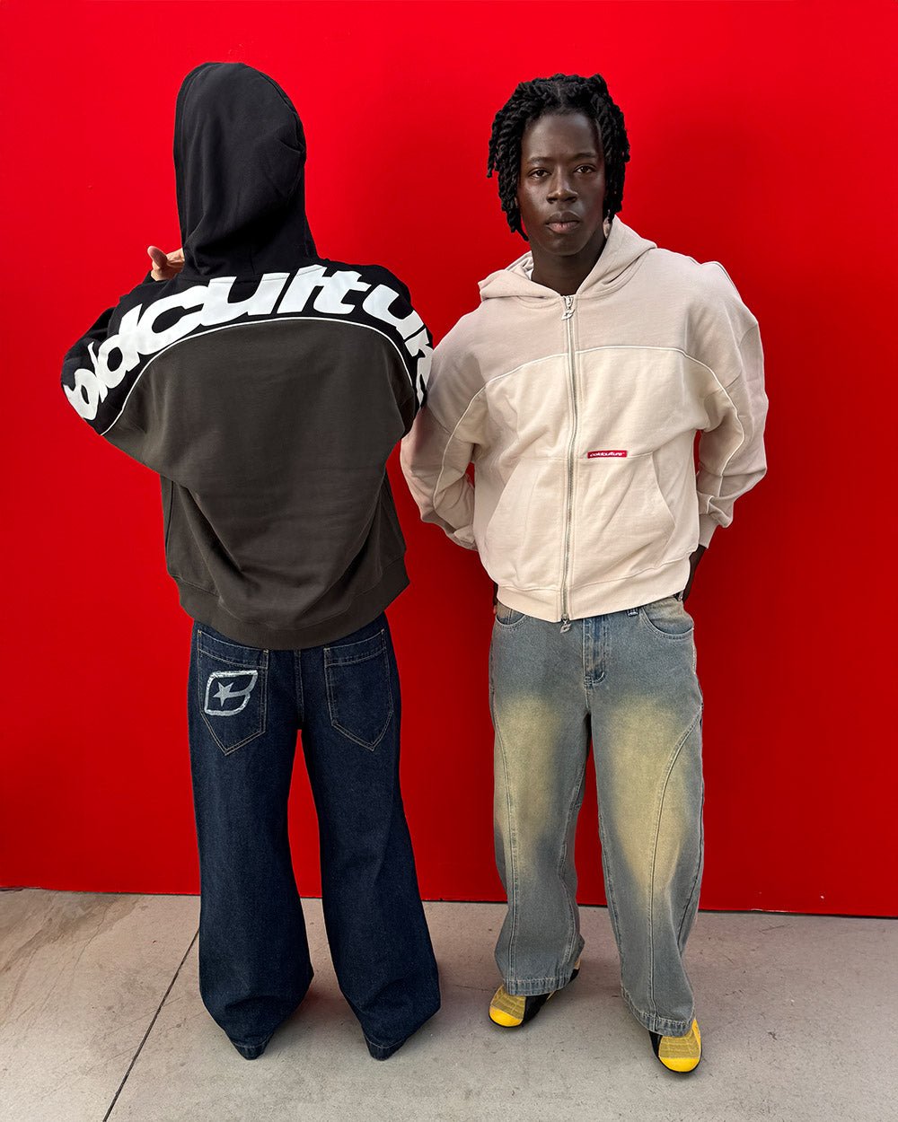 FLESH ZIP HOODIE BLACK & GREY - black and grey zip-up hoodie, street style shot - Cold Culture