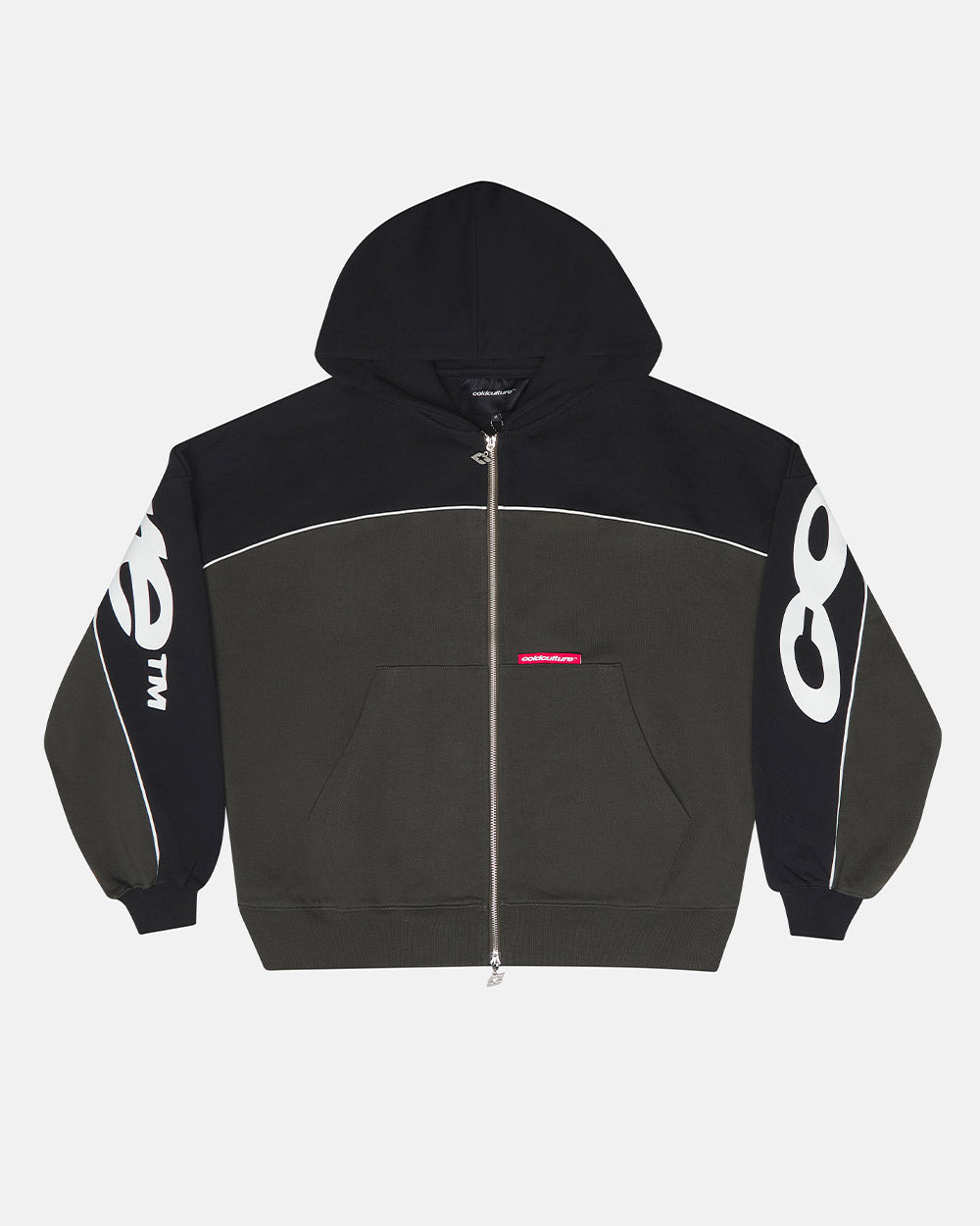 FLESH ZIP HOODIE BLACK & GREY - black and grey zip-up hoodie, front view - Cold Culture #packshot